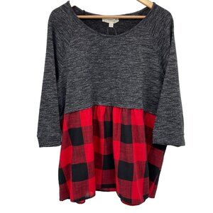 NWT Suzanne Betro Grey / Red Plaid Contrast Print Empire Waist Dress, 4X